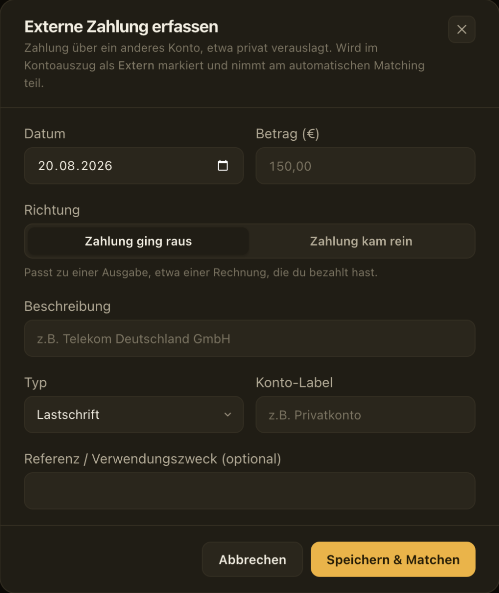 Externe Zahlung von Hand erfassen und zuordnen