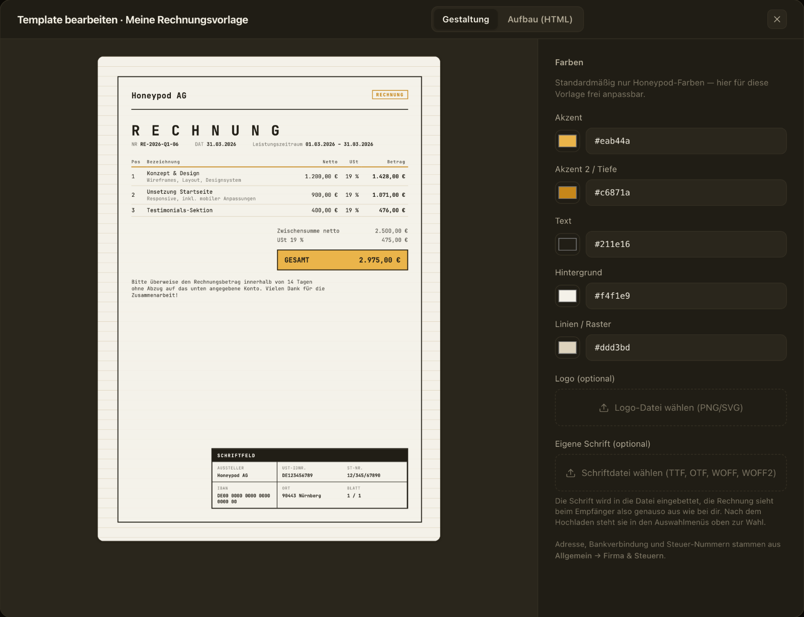 Vorlagen-Editor mit Live-Vorschau, Farben, Logo und eigener Schrift
